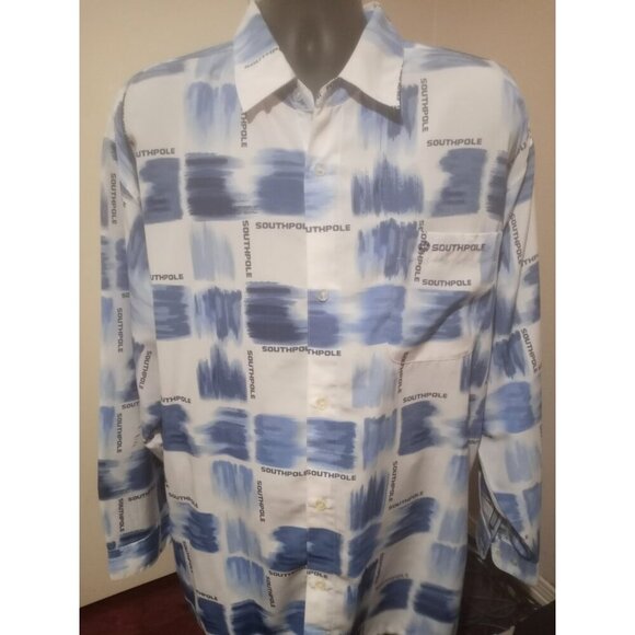 Vintage South Pole Shirt Button Up Polo Men's 2XL Blue All Over Print 90's Y2K - Picture 1 of 13